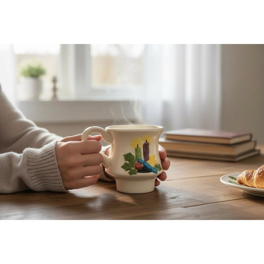 Vintage JCC 1974 Ceramic Mug With Embossed Holiday Design & Handle Cream Color 3